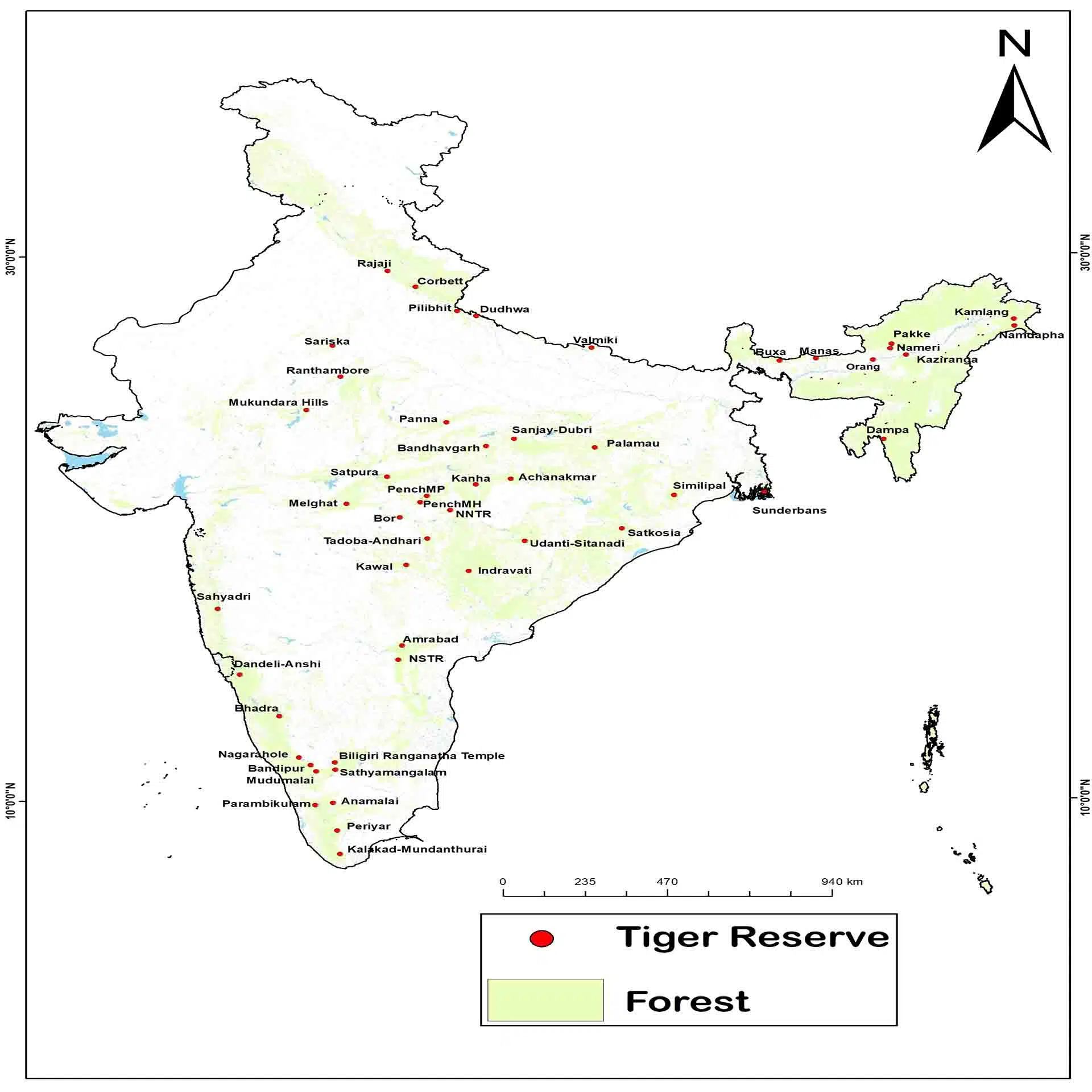 A map of India highlighting the locations of various tiger reserves across the country. The map showcases the distribution of these protected areas, which are crucial for tiger conservation.