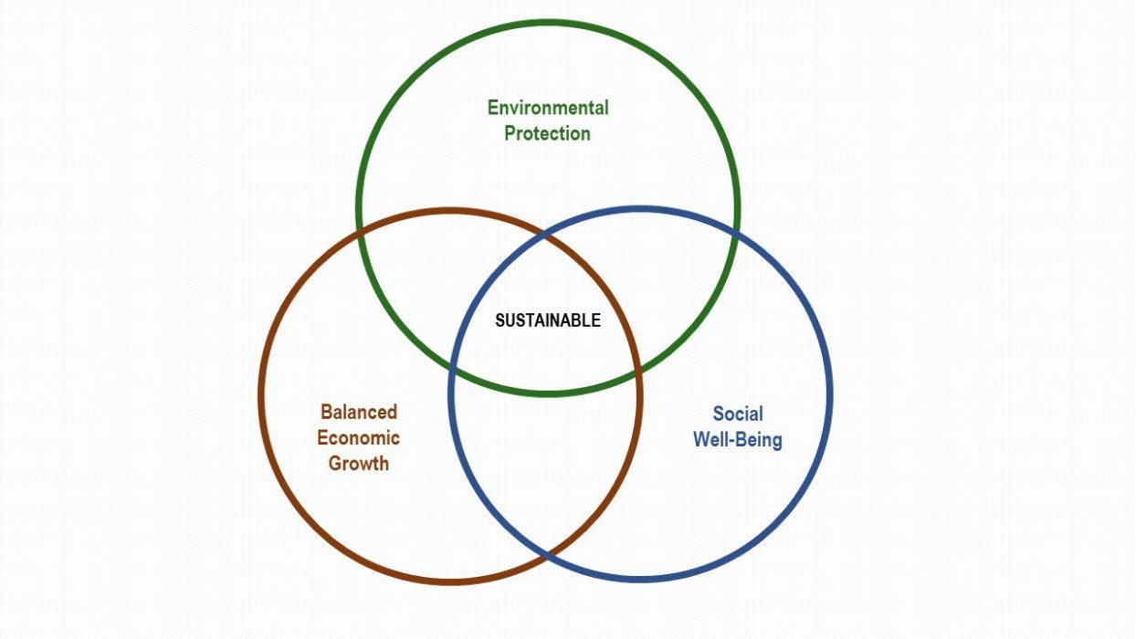 A Venn diagram showing three intersecting circles labeled "Environmental Protection," "Balanced Economic Growth," and "Social Well-Being." The overlapping center area is labeled "Sustainable," representing the integration of these three elements for a sustainable approach.