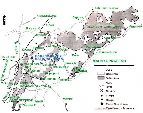 Map of Ranthambore National Park and surrounding areas, showing core and buffer zones, nearby sanctuaries, rivers, temples, roads, and boundaries.